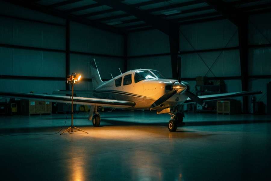A small aircraft under a work light in a dark hangar