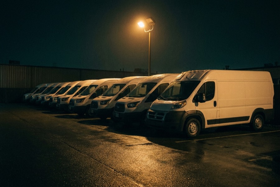A row of work vans under a light in a dark fleet yard