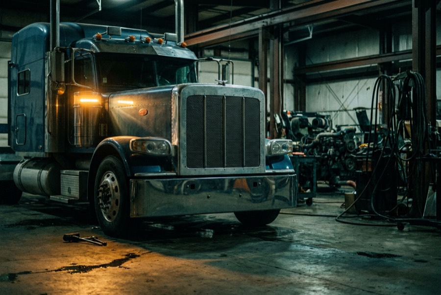 A semi truck cab under a work light in a dark diesel bay