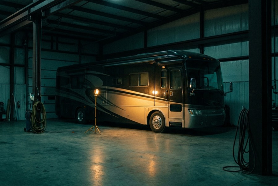 A motorhome under a work light in a dark service bay
