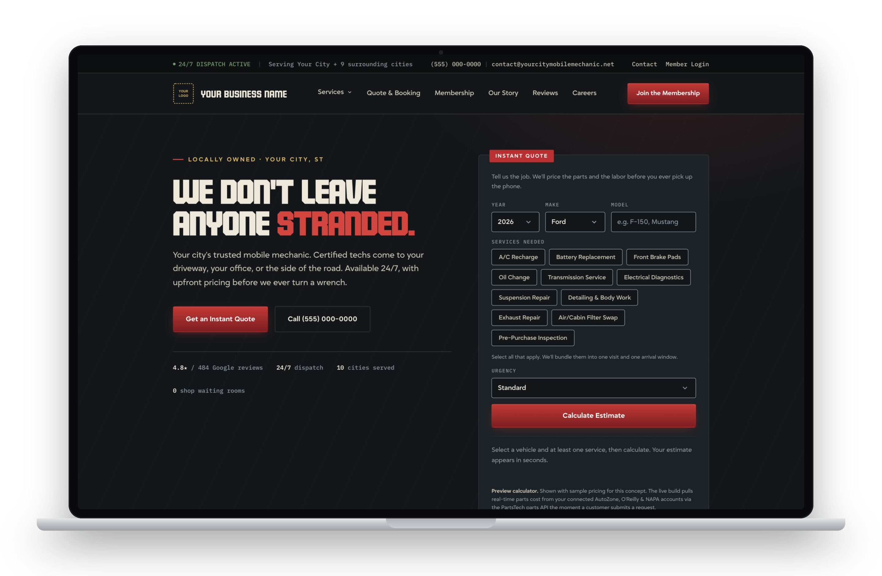 The auto shop website template shown in a MacBook Pro
