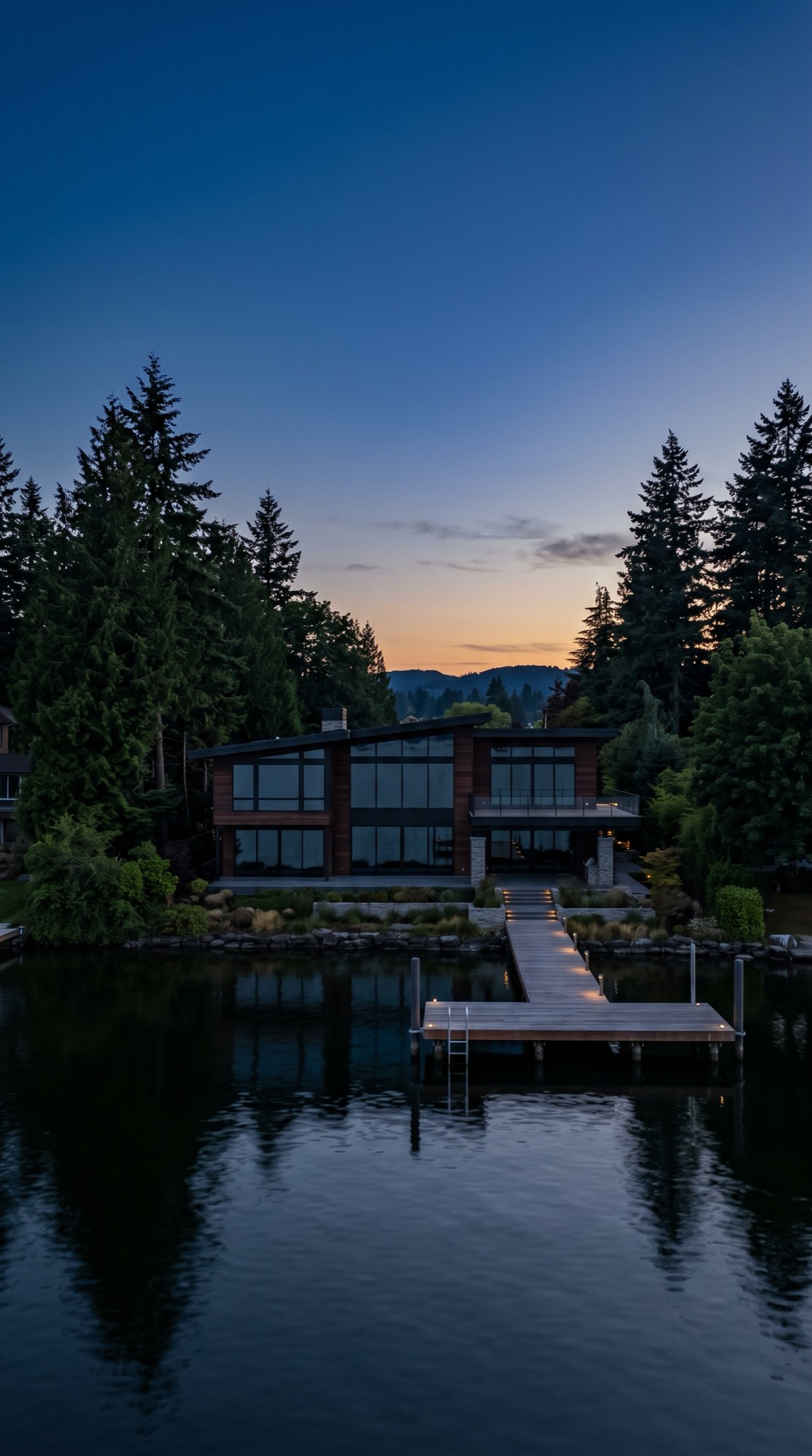 Waterfront home at dusk