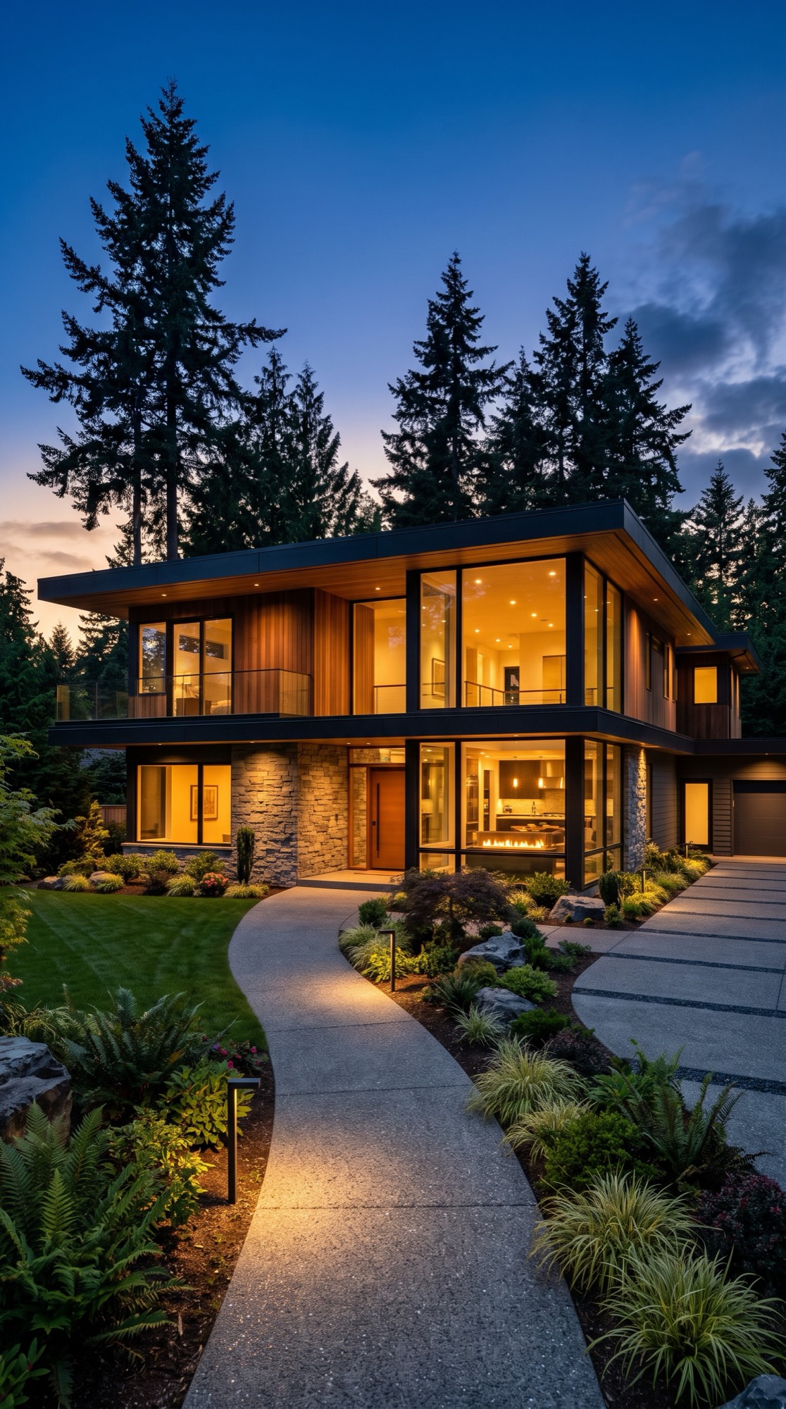 Luxury modern Northwest home at twilight, windows glowing warm against evergreens and a deep blue dusk sky